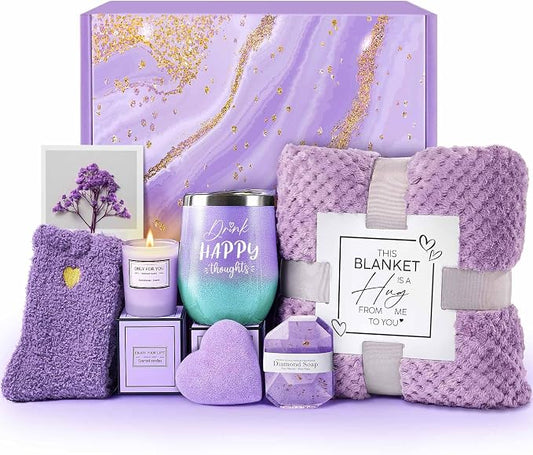 LE CADEAU Birthday Gifts for Women Mom Sister Grandma Best Friends Her, Self Care Get Well Soon Gifts, Lavender Relaxing Spa Gift Baskets Care Package w/Blanket, Mothers Day Christmas Thank You Gift