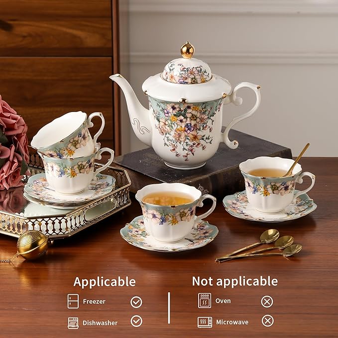 TATSUMI Country Roses Porcelain Tea Set, European Ceramic tea set for adults,Vintage Style, For Women and Tea Parties (Dutch Blue, 13 Pieces Set)