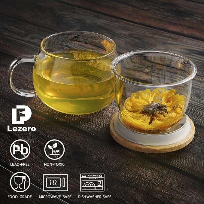 Lezero 13oz Tea Mug with Infuser and Lid Kit, Glass Teacup with Filter for Steeping Blooming & Loose Leaf Tea, Heat Resistance, Lead-free, Microwave & Dishwasher Safe, Gifts Box Include