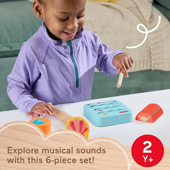 Fisher-Price Wood Toddler Toys Ocean Musical Instruments Set, 6 Wooden Pieces for Creative Play Preschool Kids Ages 2+ Years