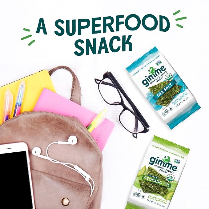 Gimme Seaweed Organic Premium Roasted Seaweed Snacks, Sea Salt, 12 Count Sharing Size, Keto, Vegan, Gluten-Free, Great Source of Omega3s and Iodine, Healthy On-The-Go Snack for Kids and Adults