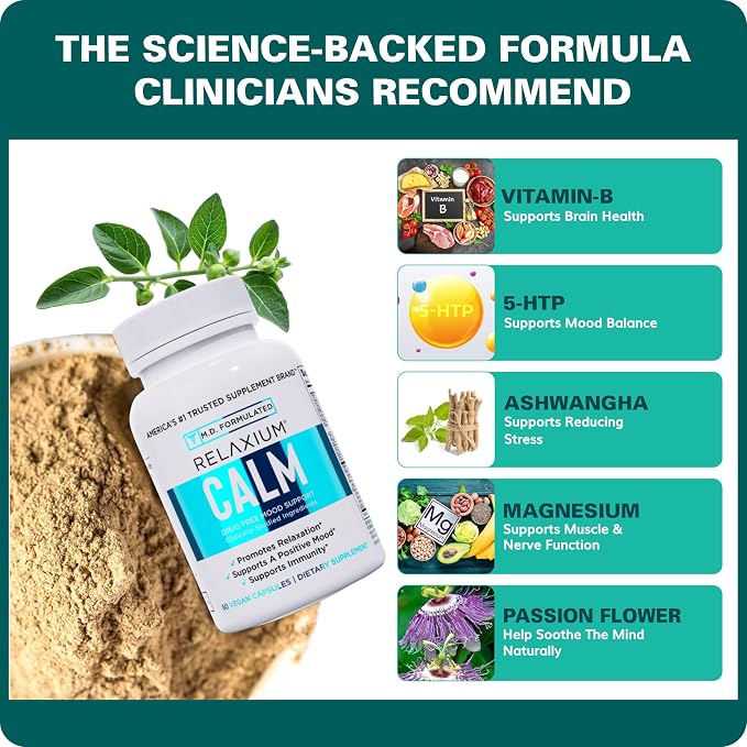 Relaxium Calm - Stress, Mood + Immune Support Supplement, Non-Habit Forming with Ashwagandha, 5-HTP & GABA, Mushroom Blend. Made in USA, 60 Capsules