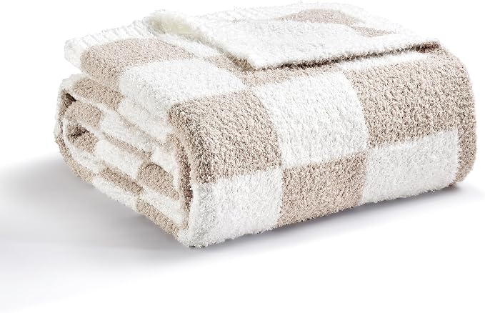 CREVENT 50‘’X60‘’ Ultra Soft and Plush Reversible Microfiber Throw Blanket for Couch Sofa and Bed (Checkered Beige)