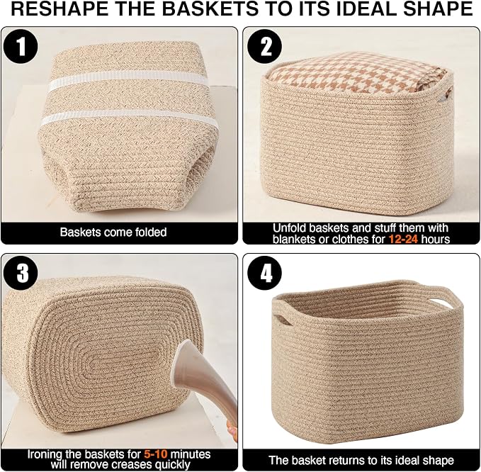 ICERZCZ Decorative Storage Baskets for Organizing Shelves, Toy Basket for Nursery, Woven Cotton Rope Baskets for Decor, Towel Basket for Bathroom, 15"x11"x9.5", 3 Packs, Brown