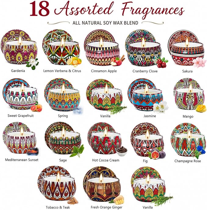 Scented Candles Gift Set, 18 Pack Soy Wax Blend Candles, 70 g Decorative Metal Candle Cans with Assorted Fragrances, Reusable Iron Candle Containers for Home, Bath, Spa, Yoga, Birthday Holiday Gifts