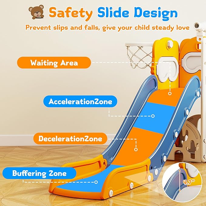 8-in-1 Toddler Slide, Indoor Slide for Toddlers Ages 1-3 and Indoor/Outdoor Play Set Playground with Storage, Climber, Telescope, Golf Set, Drawing Set, Basketball Hoop Bear Theme