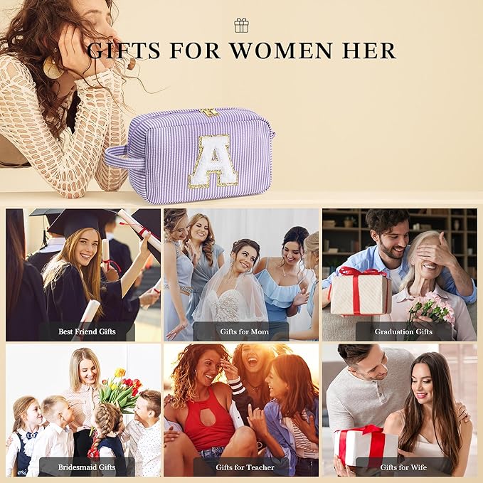 YOOLIFE Travel Makeup Cosmetic Bag - Personalized Monogram Cute Initial Makeup Bags Cosmetic Toiletry Bag Pouch Make Up Case for Women Her Mom Best Friend Sister Teacher, Birthday Gifts for Women V