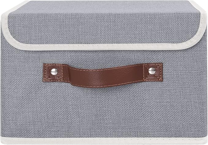 ANMINY Fabric Storage Box Bins with Lids, Gray, 10"x8"x7" | Keepsake Memory Storage, Cotton Linen, PP Board Reinforced, Washable, PU Handles, Foldable & Stackable, Decorative, Small