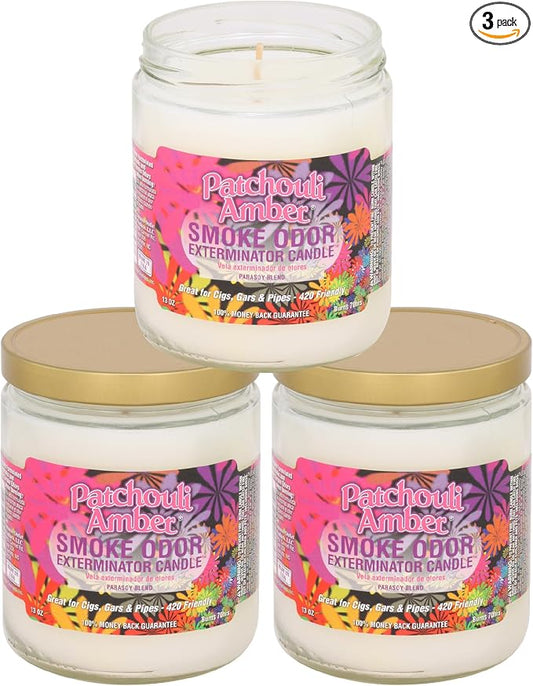 Smoke Odor Exterminator 13 oz Jar Candles Patchouli Amber, (3)