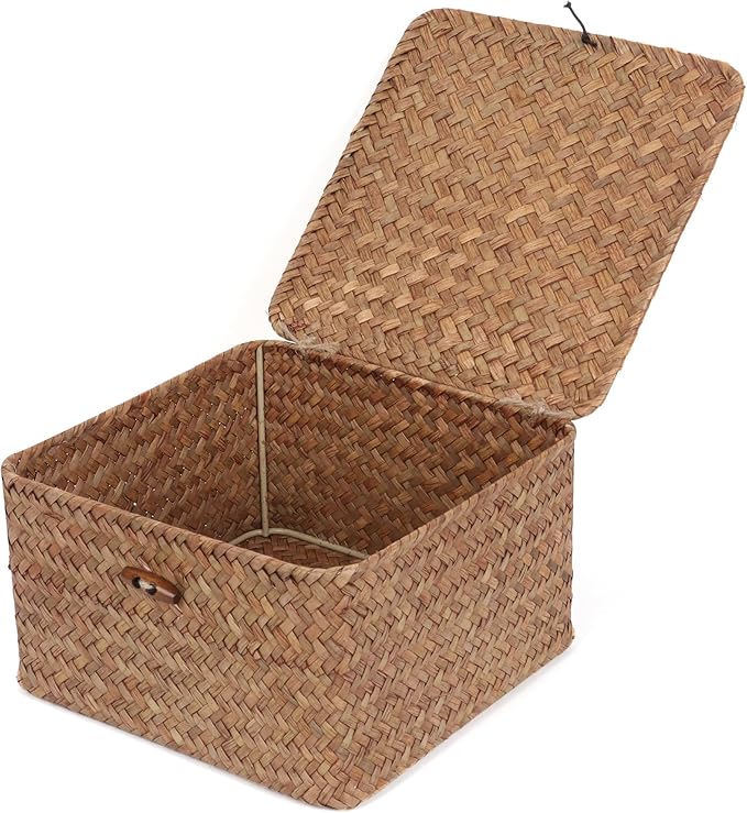Moosky Wicker Shelf Baskets with Lid, Handwoven Seagrass Storage Basket Bins Square Gift Boxes for Shelves Home Decor Organizer (Coffee, Small)