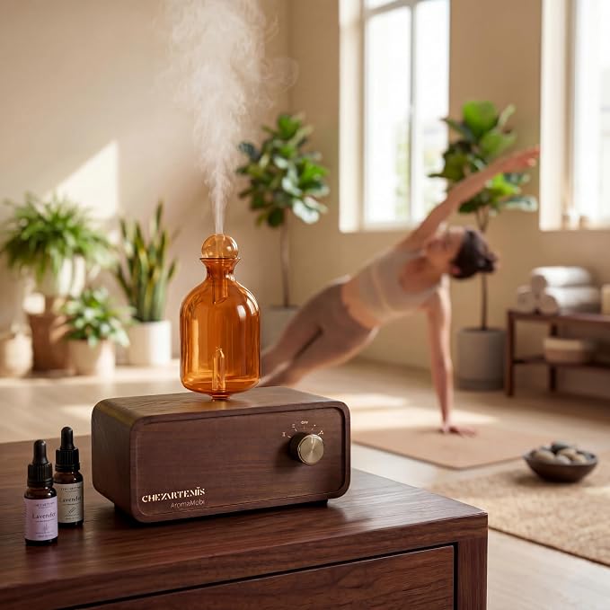 Ember Glass Essential Oil Diffuser with Handmade Wood Base for Aromatherapy, Retro Waterless Scent Diffuser with Cool Mist, Portable & Cordless Oil Nebulizer with LED & Timer, 2026 Model