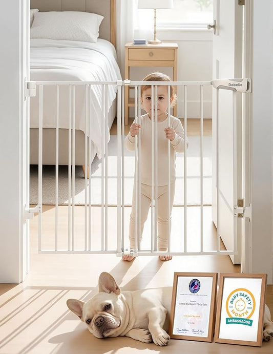 Babelio Baby Gate for Stairs, Kitchen & Doorways, No Bottom Bar| Easy Installation| One-Handed Operation| Auto-Close| Hardware Mount (Drill Needed) Safety Dog Gate (White - B17, 24-39" W, 28" H)