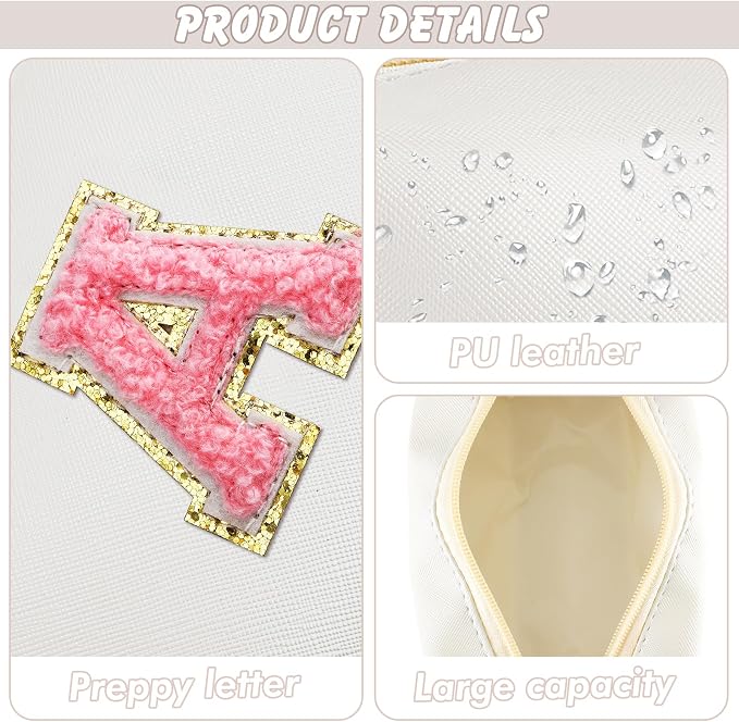 URSKYTOUS Initial Makeup Bag Personalized Preppy Travel Small Cosmetic Bag Cute PU White Chenille Letter Makeup Pouch for Purse Waterproof Zippered Toiletry Organizer for Women Girls Kids Friends (A)