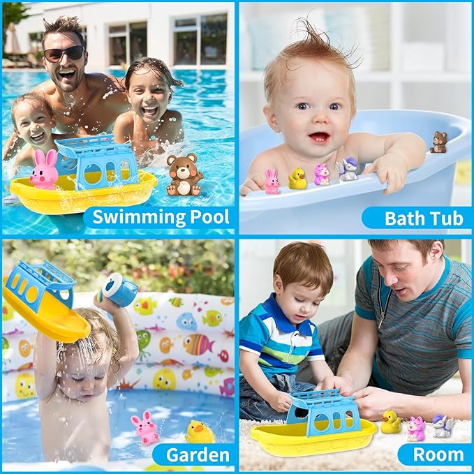 Oriate Bath Boat Toys, Finger Puppets for Kids, 5 PCS Rubber Duck Finger Puppets and 1 Boat, Sensory Learning Toy Set in The Bathtub, Pool, Beach