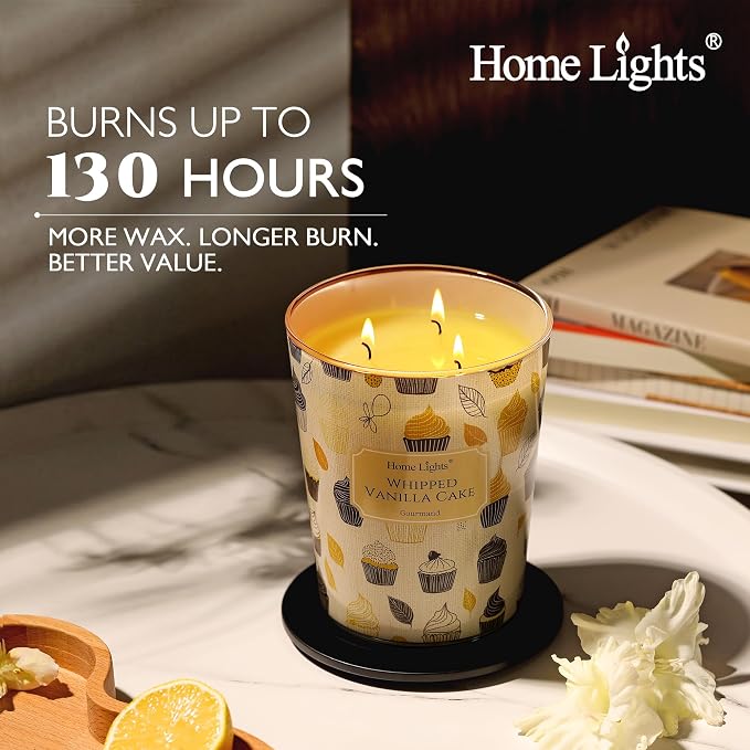 HomeLights Soy Wax Candles for Home Scented, 3-Wick Candles in Whipped Vanilla Cake Scented, Rustic Modern Aromatherapy Candles Gift for Parties, Relaxing, 34oz