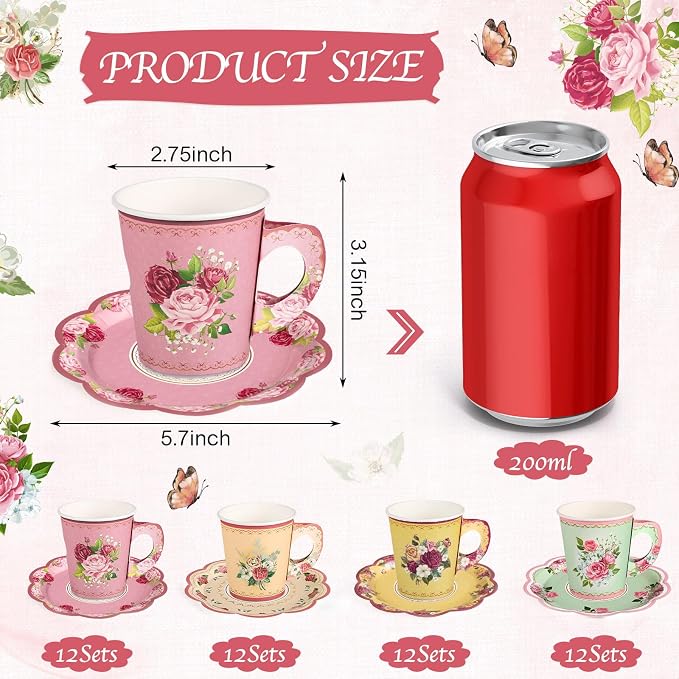 24 Sets Vintage Floral Tea Party Cups 7 OZ Disposable Paper Cups with Handle and Plates Teacups and Saucer Sets for Tea Party Decorations Garden Party Baby Bridal Shower Birthday(Vintage Style)