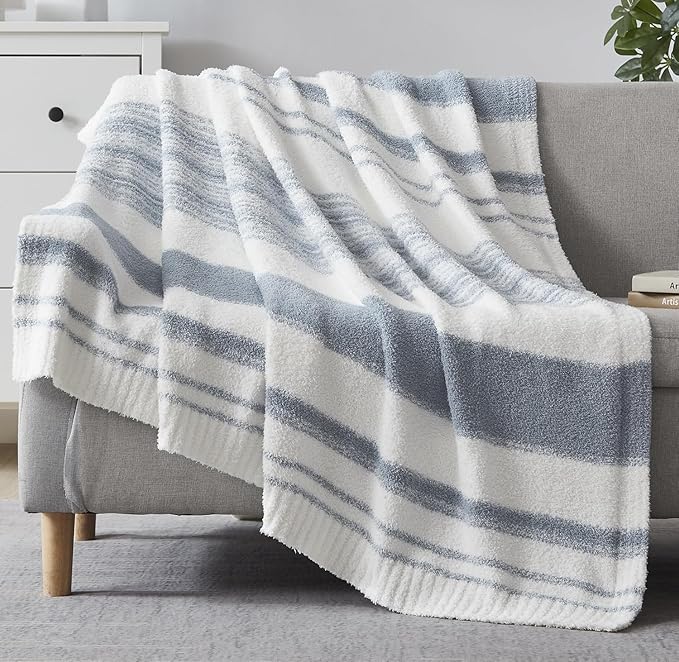 Soft Throw Blanket for Couch-Cozy Reversible Knitted Blankets | Lightweight Warm Fluffy Decor for Women, Mom, Her & Girls, Sofa, Chair, Bed, 50x70in, Grey Blue Stripe