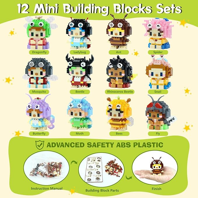 12 Pack Mini Building Blocks, Building Toys Set or Kids, Toy Building Sets, Mini Building Block Sets for Boys or Girls 6+ (Insects)