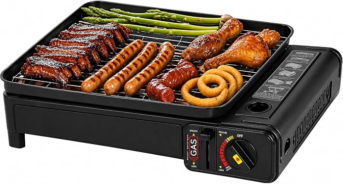 Portable Butane Stove - Compact Gas Grill Stove with Detachable Grate + Durable Carry Case | Dual Fuel Tabletop BBQ for Camping, Korean BBQ, Tailgating | Fast Stainless Steel Outdoor Cooker
