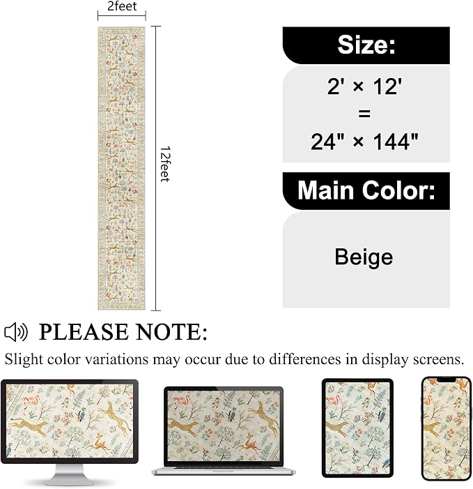 DUKINO 2x12 Washable Runner Rug, Non Slip Animal Rug for Kitchen, Beige | Soft, Low Pile, Non-Shedding Thin Indoor Long Runner Carpet for Hallway, Entryway, Bedroom, Bathroom, Laundry, Pet Friendly