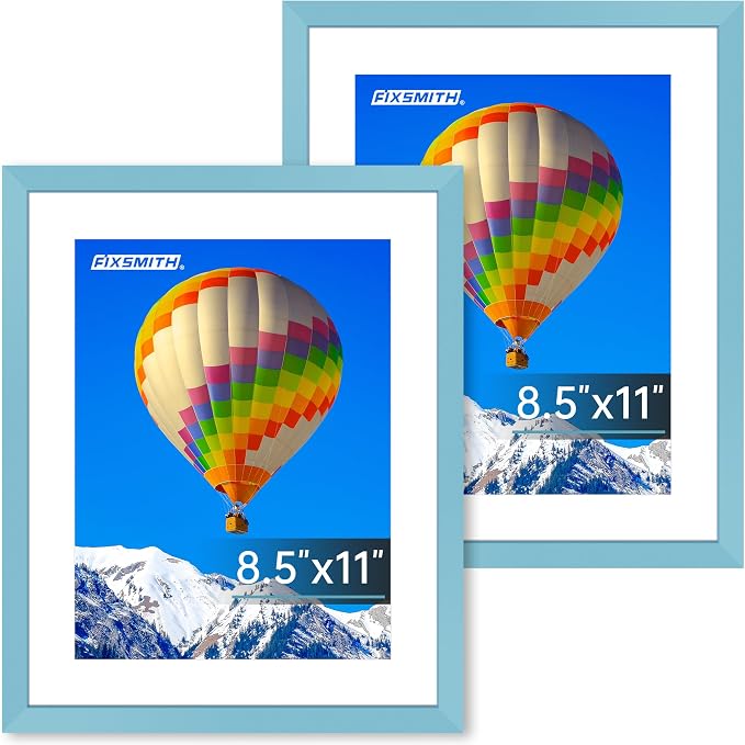 FIXSMITH 8.5x11 Picture Frame Set of 2, Blue Photo Frame with HD Plexiglass, Display Pictures 6x8 with Mat or 8.5x11 Without Mat, Black Picture Frames Collage Wall Decor, Gallery Wall Frame