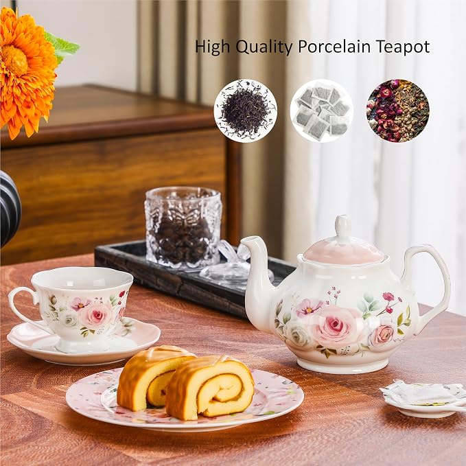 27oz Floral Porcelain Teapot, Classic Ceramic Teapot for Loose Leaf Tea & Tea Bags, Elegant Small Teapot with Rose Pattern, Dishwasher Safe