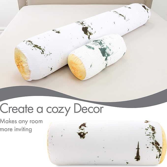 PILLOWY Microbead Log Roll Pillow - Bolster Tube Pillow Cushion Perfect Therapy Pillow - Airy Squishy Soft Bead Bag Bed Room Decoration, Neck Pillow Back Head Body Support, 14" X 8", Birch Wood