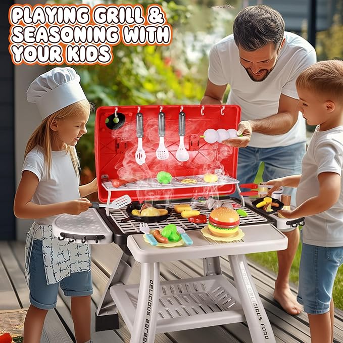 2025 Kids Kitchen Playset Toy Grill BBQ with Smoke Light Outside Pretend Play Food Toys Cooking Set 2-Layer Barbecue Gifts for Toddler Boys Girls 3-5 6 7 8