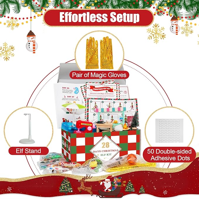 28-Day Christmas Elf Kit with 28 Fun Elf Scenes, Christmas Elf Adventure Kit 2025 Elf Box Kit Elf Helper Kit with Elf Props & Elf Accessories Kit for Christmas Countdown Ideas Kit