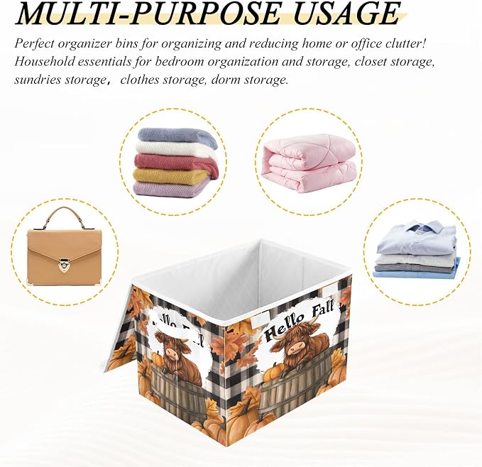 Highland Cows Storage Bins with Lids and Carrying Handle,Foldable Storage Boxes Organizer Containers Baskets Cube with Cover for Home Bedroom Closet Office