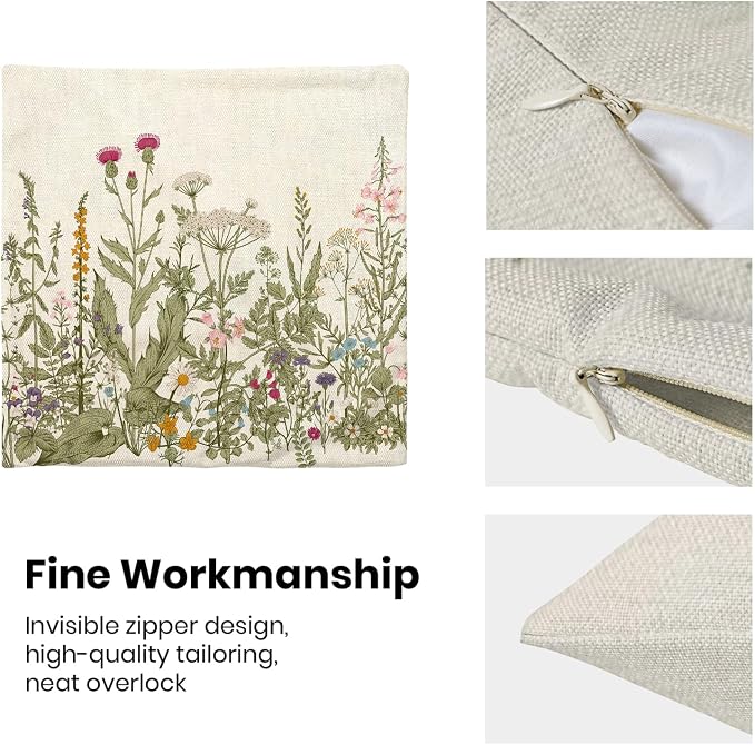 AEIOAE Sage Green Pillow Covers 20x20 Inch Set of 2, Spring Wildflower Plant Throw Pillows Case,Seasonal Floral Outdoor Decorative Flowers Farmhouse Decor Cushion Covers for Home Sofa Bed Couch