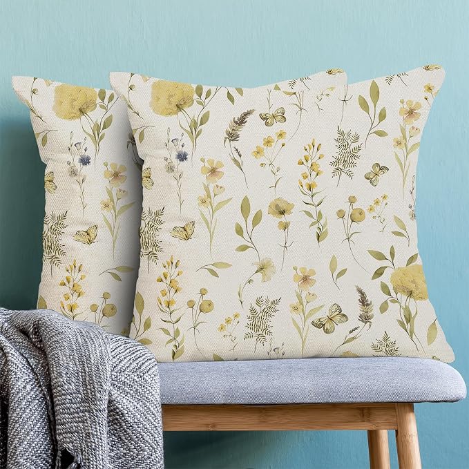 Spring Pillow Covers 18x18 Inch Set of 2, Mustard Yellow Green Wild Flower Throw Pillows Case,Colorful Seasonal Floral Plant Outdoor Decorative Farmhouse Decor Cushion Covers for Sofa Bed Couch