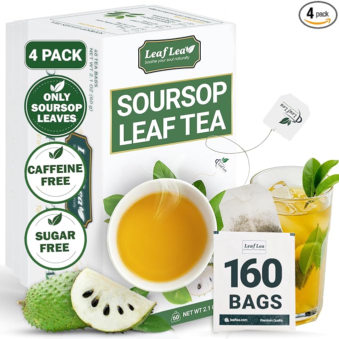 LeafLea 160 Premium Soursop Tea Bags, Natural & Pure Soursop Graviola Tea Leave, Hoja Guanabana Leaf Herbal Tea Bags Variety Pack of 4, Digestive Support, Nutrient-Rich, Vegan, Sugar/Caffeine Free
