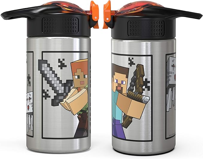 Zak Designs Minecraft - 15.5 oz Singal Wall Stainless Steel Water Bottle with One Hand Operation Action Lid and Built-in Carrying Loop, with Straw Spout is Perfect for Kids (Small)