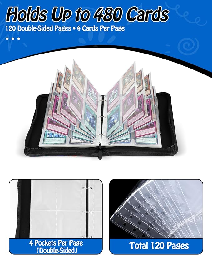 Trading Card Binder, 4-Pocket, Holds 480 Cards, 120 Pages Side-Loading Card Album, PU Leather, Acid-Free Archival Sleeves, Durable Organizer for MTG, TCG & Sports Cards, Gift for Kids, Boys and Girls