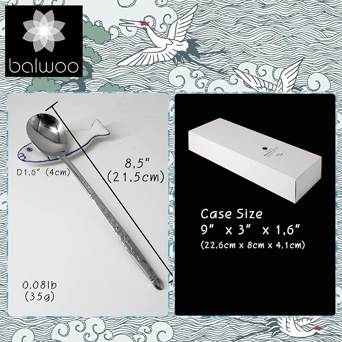 [6 P][Made in Korea] Korean Style Soup Spoon 8.5 inch Premium 430(18/0) Stainless Steel Dessert Spoons Dinner Spoon, Table Spoon, Rice Spoon Ice Cream Scoop (Crane)