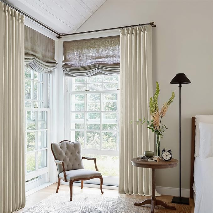 132 Inch Linen Curtains 2 Panels Set Pinch Pleated for Living Room Bedroom Memory Training Shaped Semi Sheer Neutral Beige Tan Flax Burlap Pleat Drapes Hooks Rings Light Filtering Window Curtain