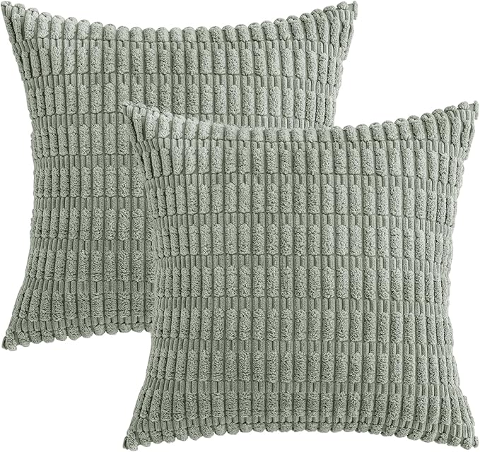 MIULEE Euro Sham Corduroy Decorative Throw Pillow Covers 24x24 Grey Green | Pack of 2 Soft Boho Striped Pillow Covers Modern Farmhouse Home Decor For Sofa Living Room Couch Bed