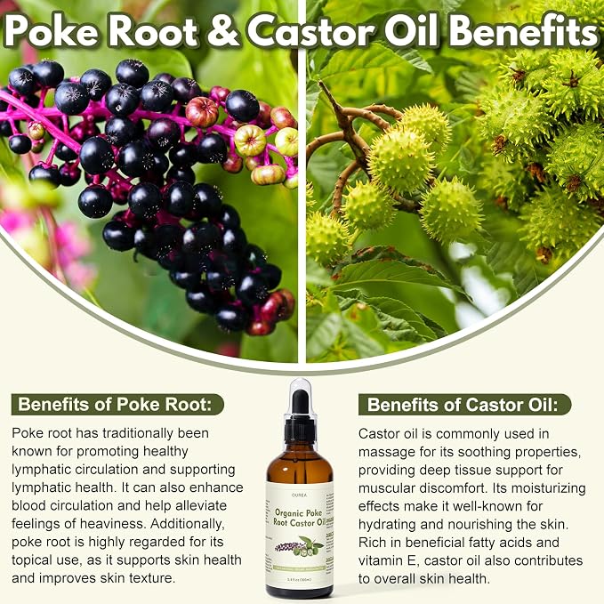 Organic Poke Root Castor Oil – 3.4 Fl Oz Natural Lymphatic Support Massage Oil, Soothing Relief for Cysts, Boils, Breast, Fibroids, Swollen Lymph Nodes & Joint – Deep Tissue Drops