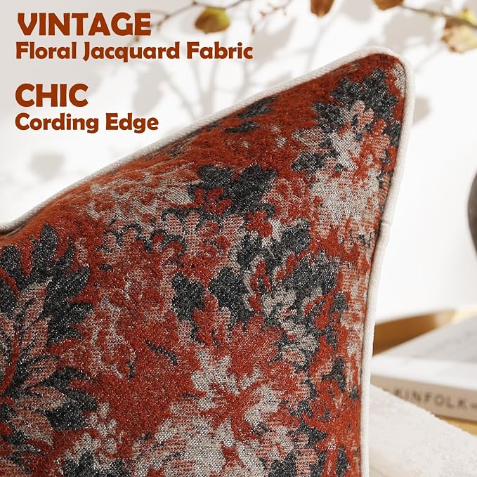 Pack of 2 Vintage Floral Euro Sham Covers 24x24 Boho Farmhouse Accents Chenille Square Decorative Throw Pillow Cases for Living Room Couch Bed Home Decor, Rust