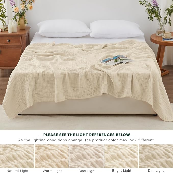 Love's cabin 100% Cotton Muslin Blanket, 6 Layer Lightweight Breathable Gauze King Size Blanket 108 x 90 Inches, Soft Summer Blanket for Bed, Beige