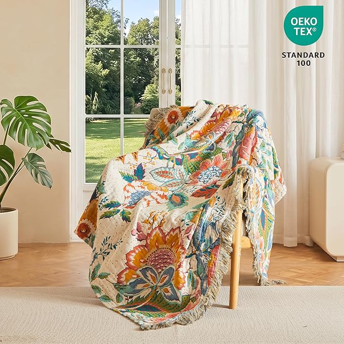 MSGKV Boho Throw Blanket 60"x80" Cotton Vine Twin Blanket for Couch Bed | Twin Cotton Throw, Muslin Blanket, Summer Breathable, Lightweight Comfort, Farmhouse Decor, Home Decorative, Machine Washable
