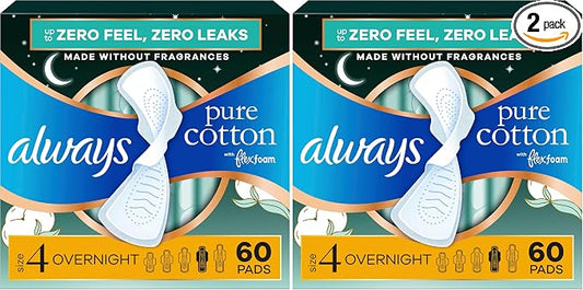 Always Pure Cotton Feminine Pads for Women, FlexFoam Pads with Wings, Size 4, Overnight Absorbency, Unscented, 60 Count (Pack of 2)