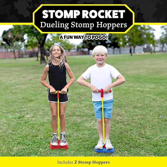 Dueling Stomp Hopper Pogo Stick - Jump, Bounce & Squeak Foam POGO Jumper for Kids - Toddler Pogo Stick with Soft Grips & Stretchy Bands - STEM Indoor & Outdoor Toys for 3-5 Year Olds
