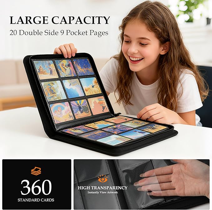 Card Binder 9 Pocket - Premium Card Collection Binder for 360 Cards, Durable Side-Loading Card Album with Zipper, Perfect for TCG, MTG, and Sports Cards, Black