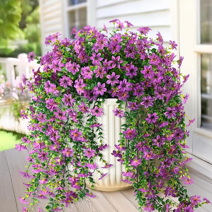 INQCMY Artificial Fake Hanging Flowers Plants for Outdoor Spring Decoration | 2 PCS Faux Silk Daisy with Eucalyptus Leaves,UV Resistant Look Real for Outside Home Planter Porch Patio Balcony Yard Decor