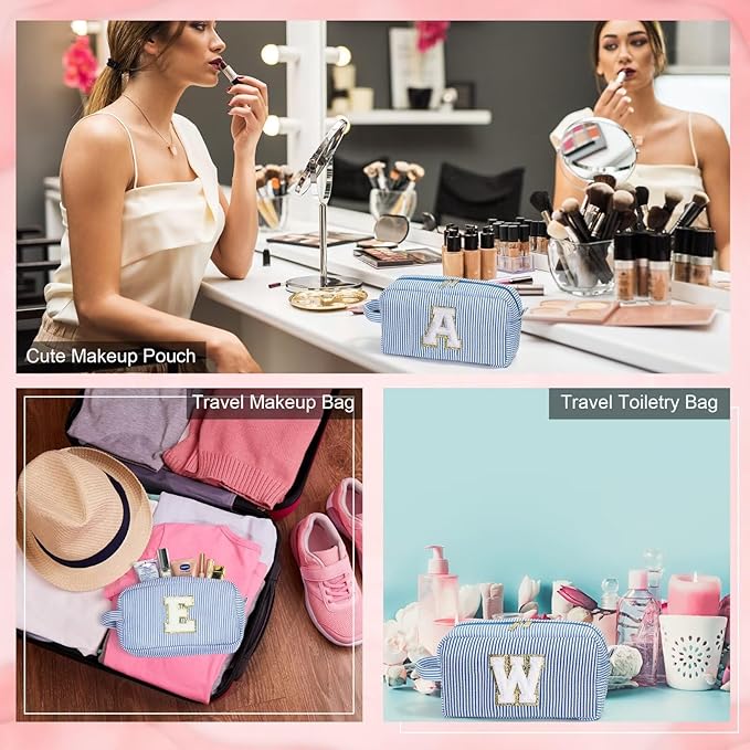 YOOLIFE Personalized Birthday Gift for Mom - Monogram Blue Initial Makeup Bag Cosmetic Bag for Women