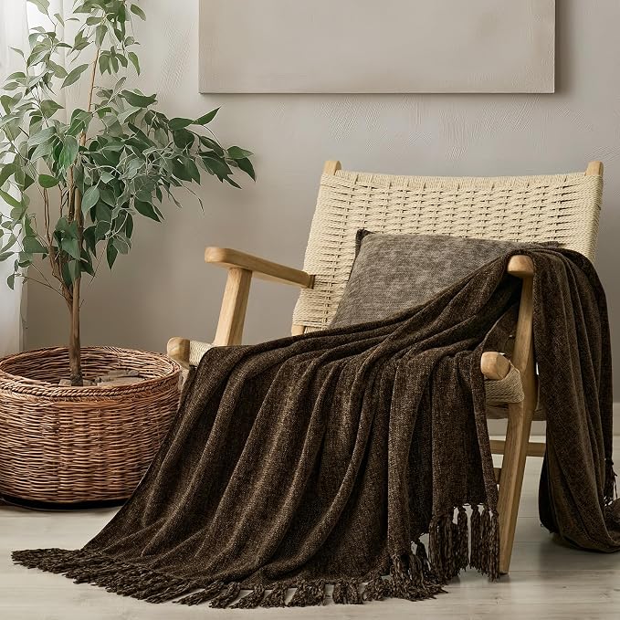 Chenille Knit Throw Blanket for Couch, 60"x80", Dark Brown | Cozy Plush Fuzzy Knittd Throw with Tassels, Lightweight, Decorative, Farmhouse Decor, Ideal for Bed Sofa Gift, All Seasons