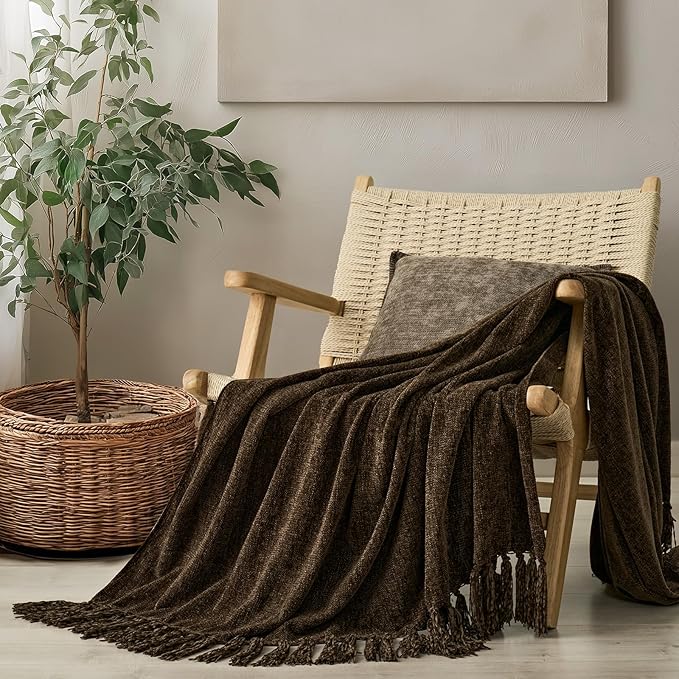 Chenille Knit Throw Blanket for Couch, 50"x60", Dark Brown | Cozy Plush Fuzzy Knittd Throw with Tassels, Lightweight, Decorative, Farmhouse Decor, Ideal for Bed Sofa Gift, All Seasons