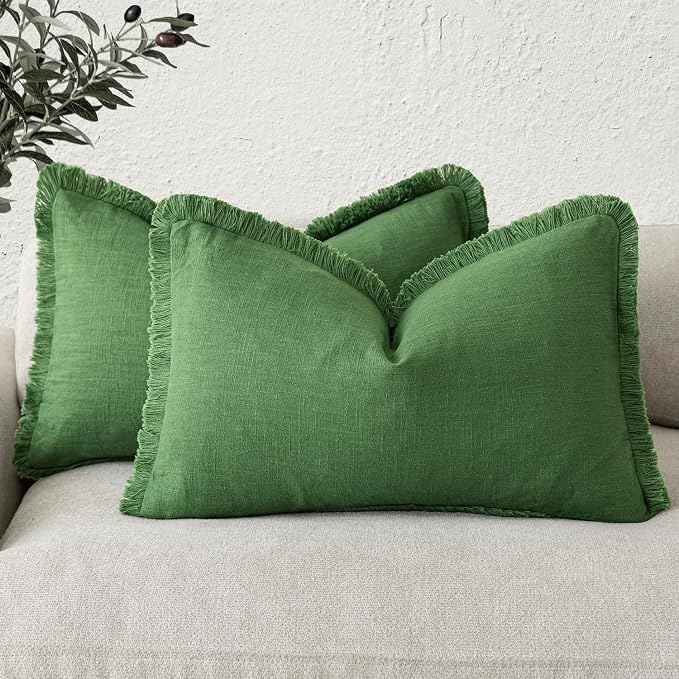 Foindtower Set of 2 Decorative Linen Fringe Lumbar Throw Pillow Covers Boho Farmhouse Cushion Cover with Tassels Soft Accent Pillowcase for Couch Sofa Living Room Home Decor,12×20 Inch,Forest Green